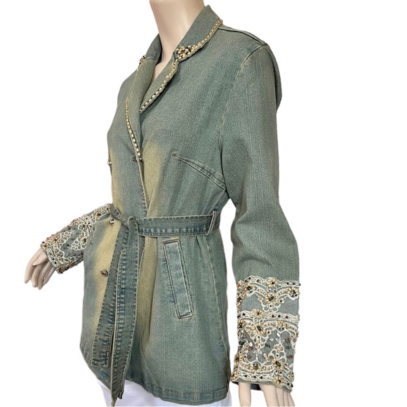 Vintage Kaity Jean Jacket Belted Button Front Bead Lace Sleeve Size Medium - Picture 3 of 16